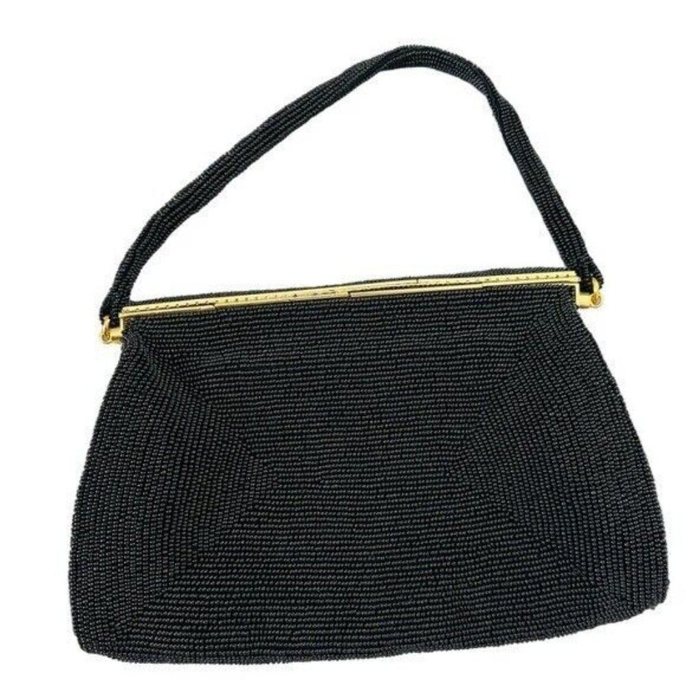 Vintage Black Seed Bead Evening Bag ~ Retro ART DECO Style Gold Frame JAPAN - Picture 2 of 9